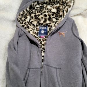 🔥Victoria's Secret Glitter Pink Zip-Up Cheetah Hoodie